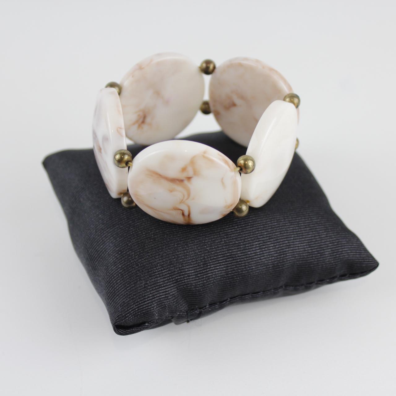 Marbled Resin Bead Bracelet - Chunky Statement - Brown and W