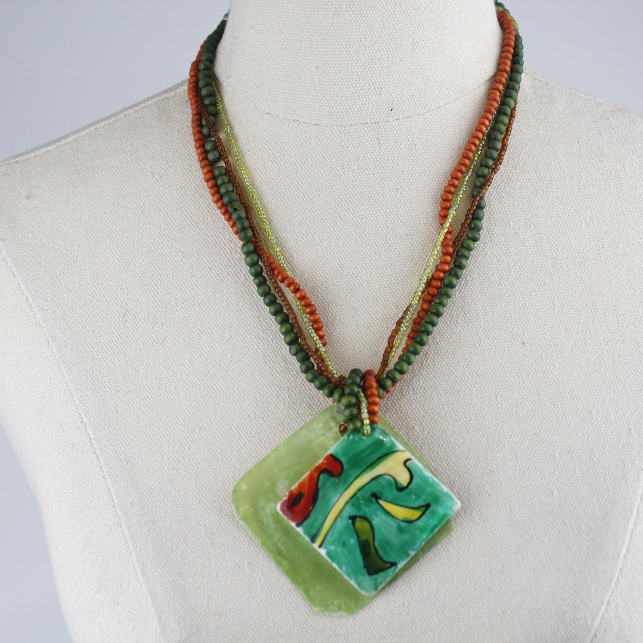 Bohemian Multi Strand Beaded Necklace Green Orange Brown Gla