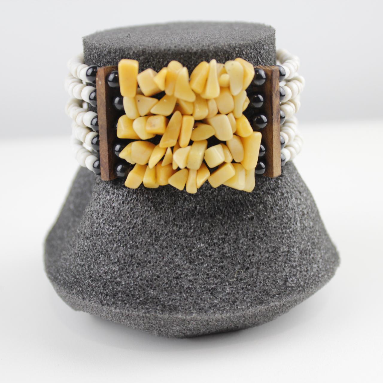 Boho Yellow Stone & White Bead Cuff Bracelet Tribal Statemen