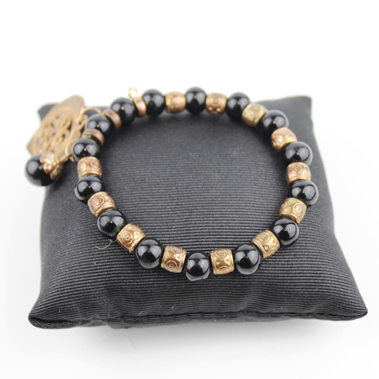 BlackBead Bracelet Gold Tone Spacer Heart Charm Jewelry Fash