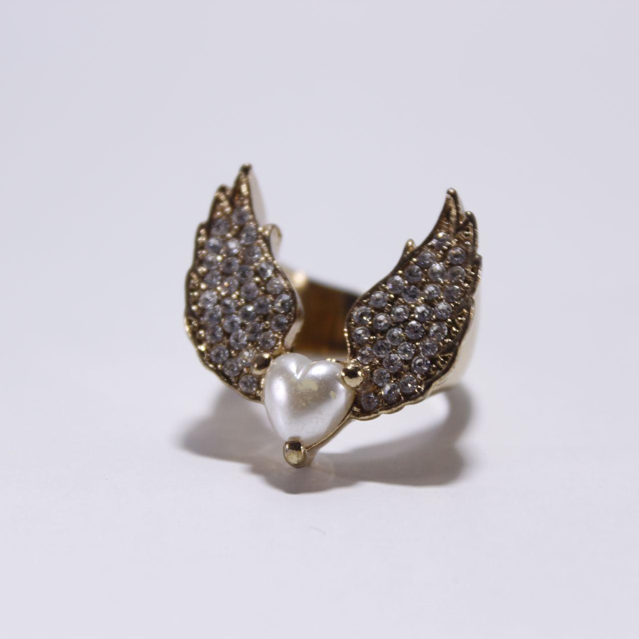 Gold Tone Angel Wing Ring Pave Rhinestone Faux Pearl