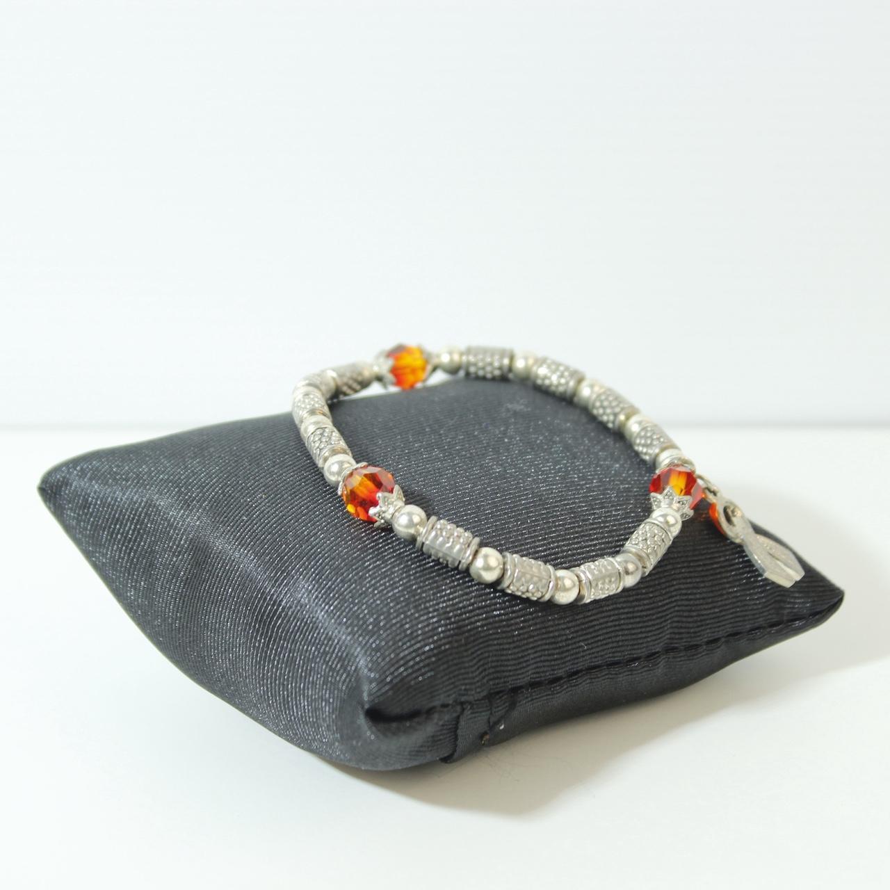 Orange Awareness Ribbon Bracelet Silver Tone Beaded Stretch