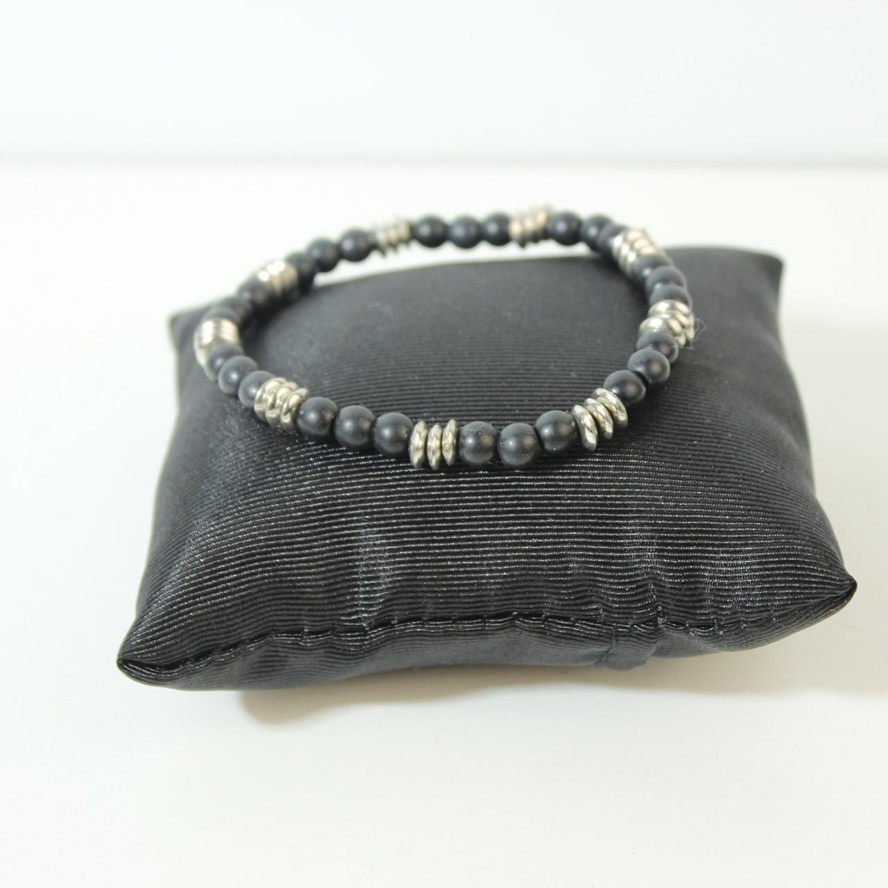 Vintage Hematite Beaded Stretch Bracelet Silver Tone Barrel Spacers Natural