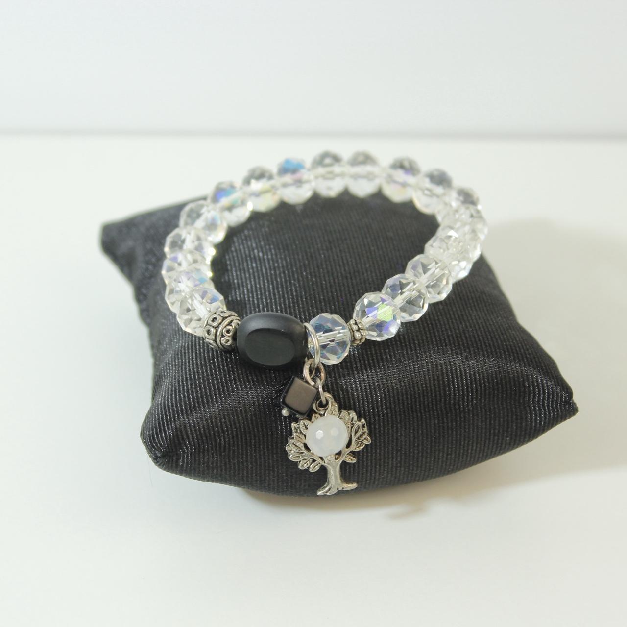 Tree of Life Charm Bracelet Beaded Stretch Iridescent Glass Crystal Silver Tone