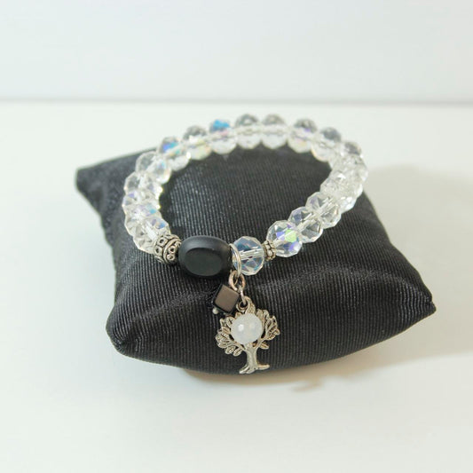 Tree of Life Charm Bracelet Beaded Stretch Iridescent Glass Crystal Silver Tone