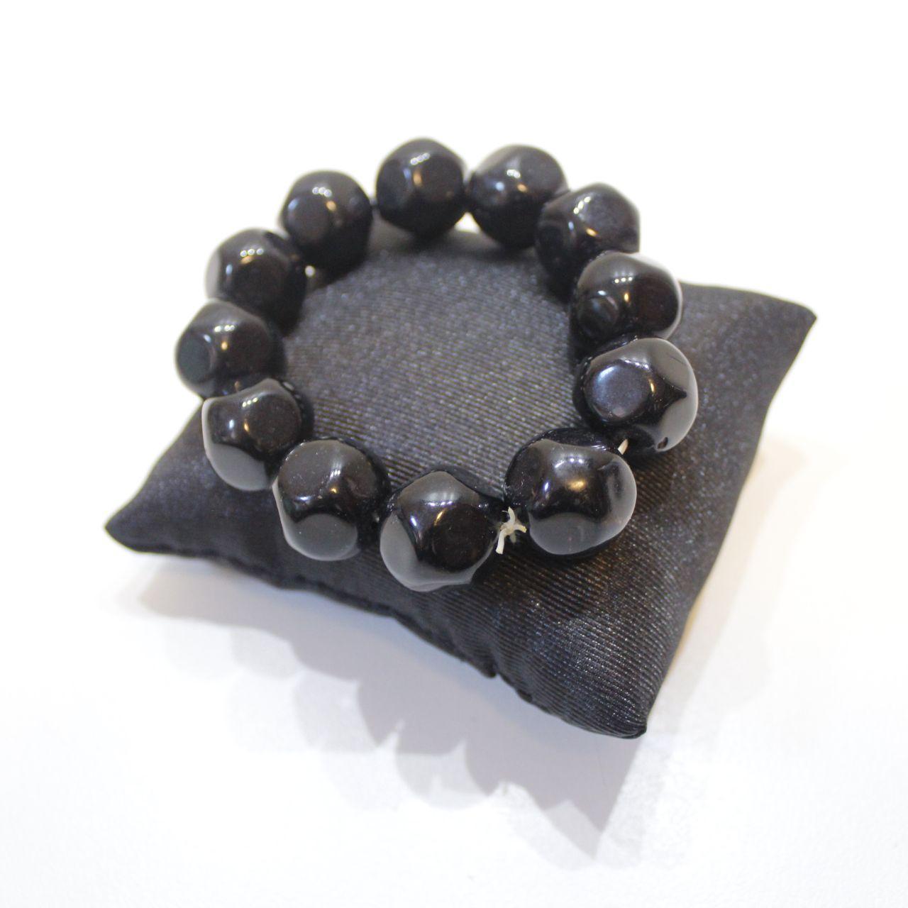 Chunky Black Bead Stretch Bracelet Polished Faceted Statemen