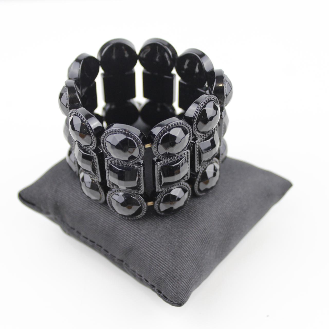 Black Faceted Bead Bracelet Statement Jewelry Bold Multi Row