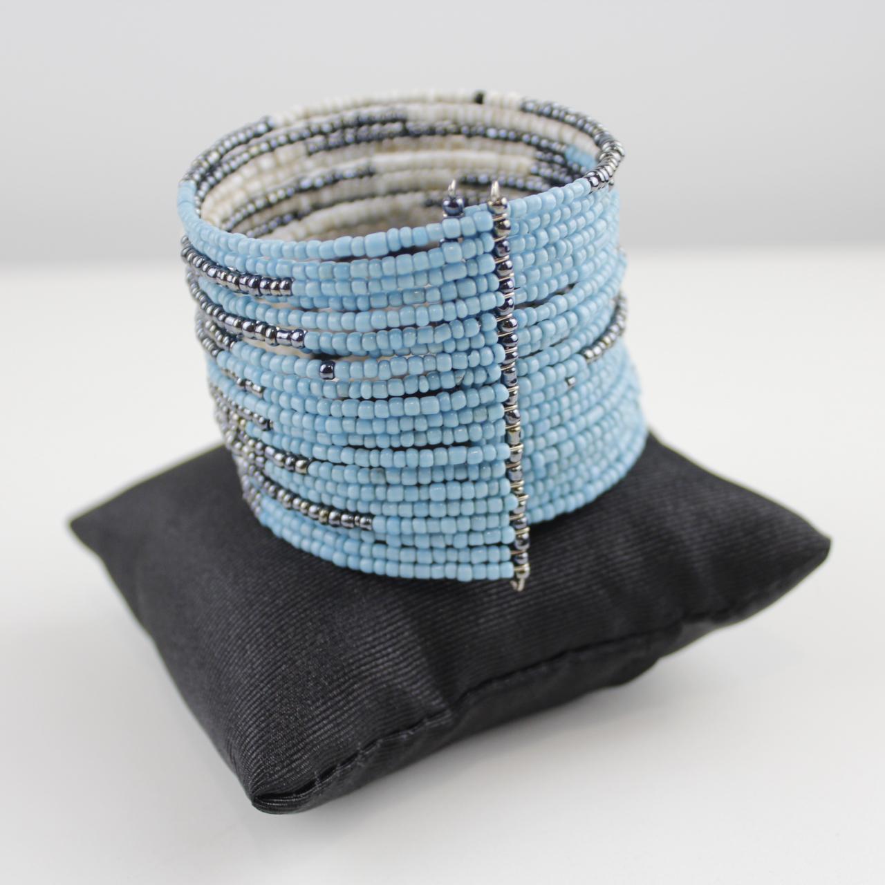 Wide Beaded Cuff Bracelet Blue White Silver Coil Memory Wire
