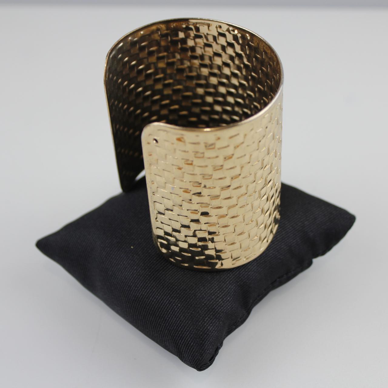 Gold Tone Cuff Bracelet - Textured Woven Pattern - Cut-Out D