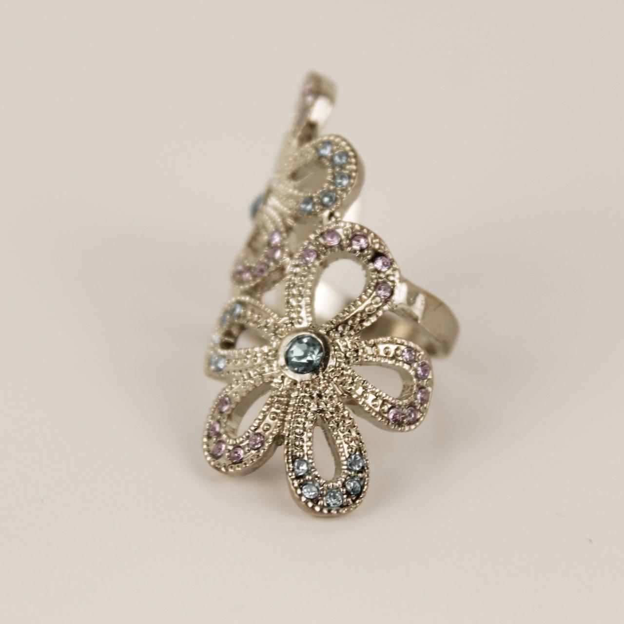 Silver tone Flower Cocktail Ring Blue Stone Cluster Statement Finger Jewellery