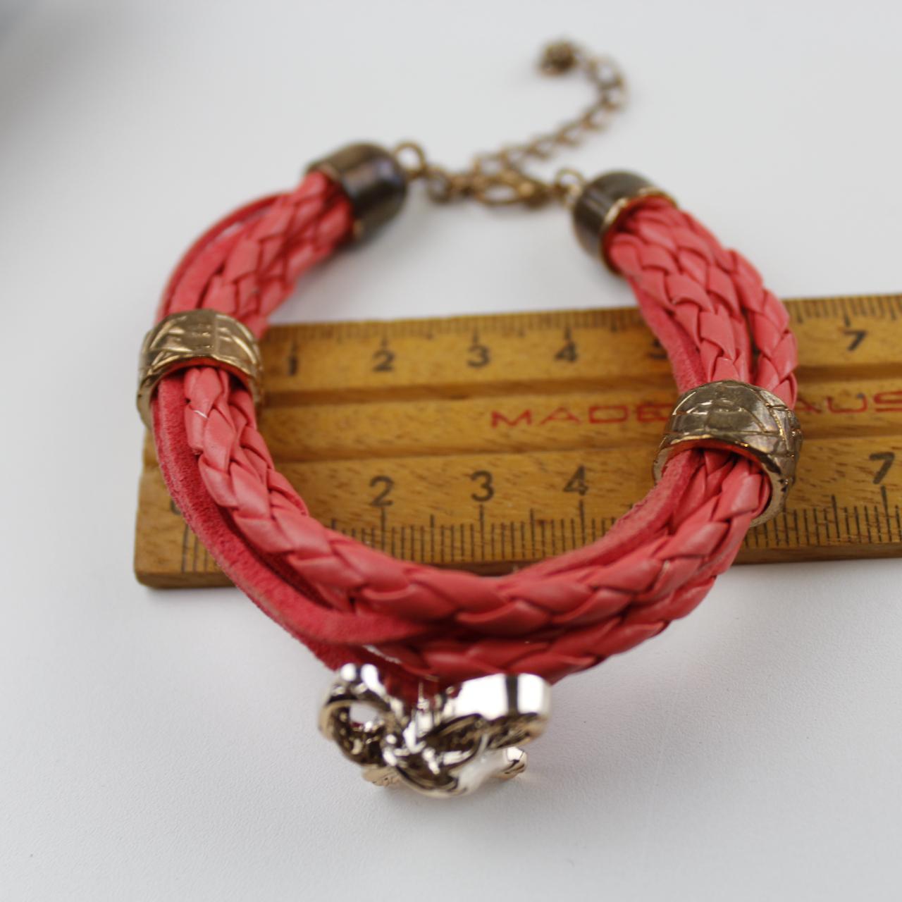 Pink Braided Bracelet Silver Bow Charm Boho Layered Fashion