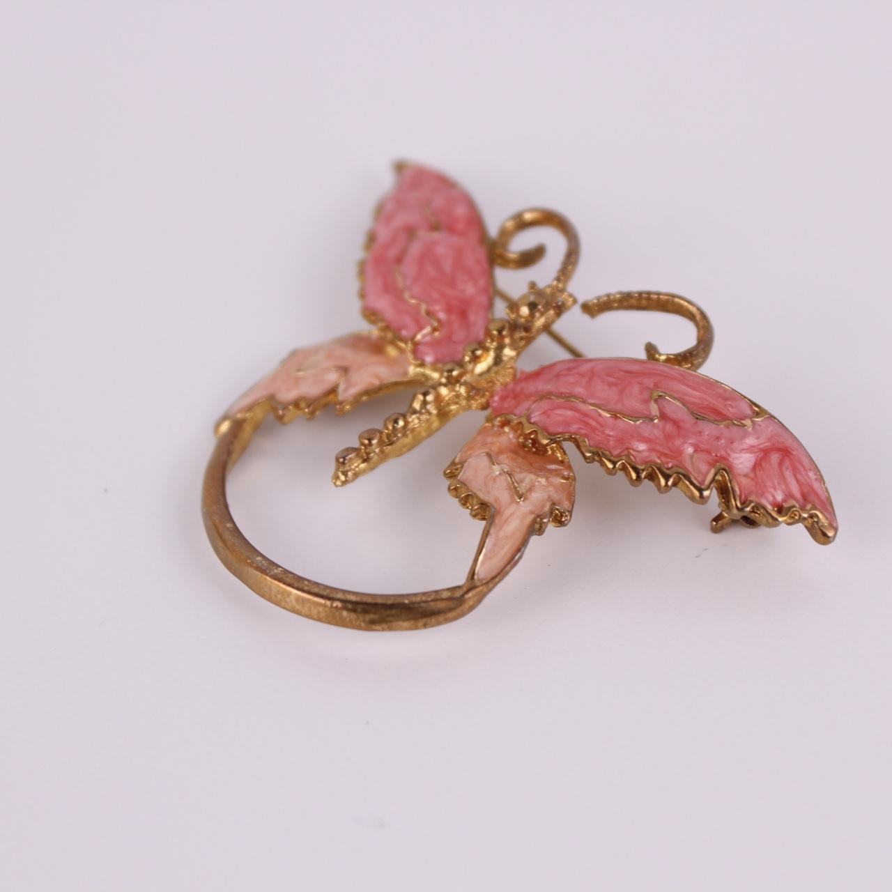 Butterfly Brooch Gold tone Pink Enamel Scarf Ring Animal Wing Jewellery Pin Uniq