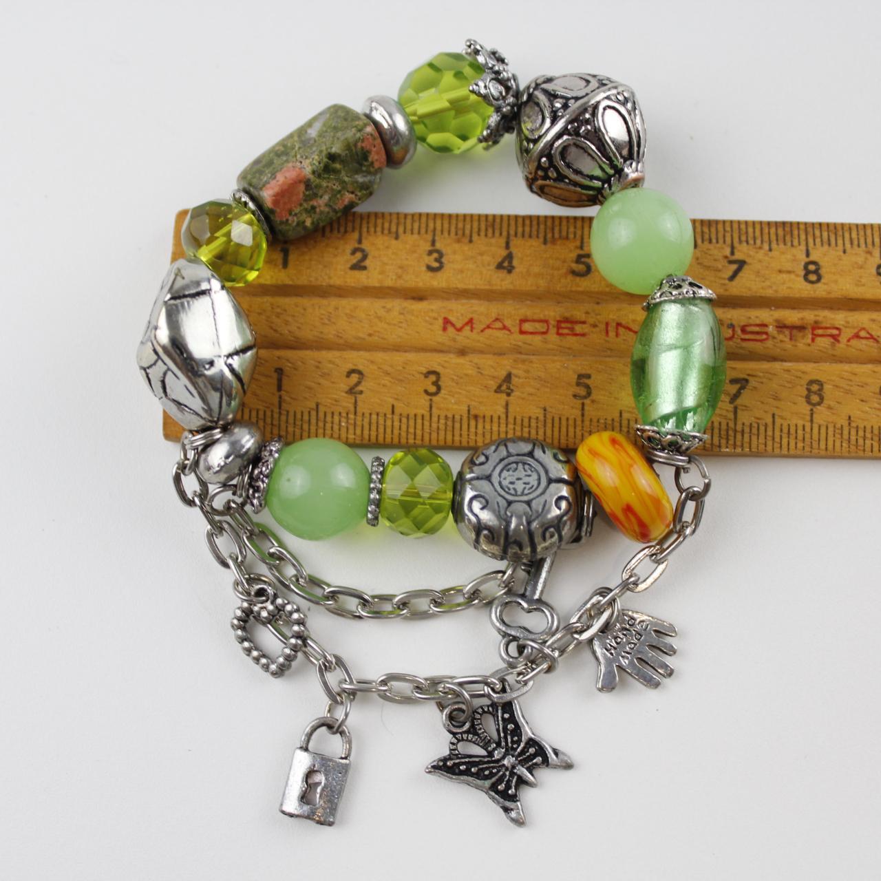Vintage Boho Multi-Strand Charm Bracelet Green Yellow Beaded
