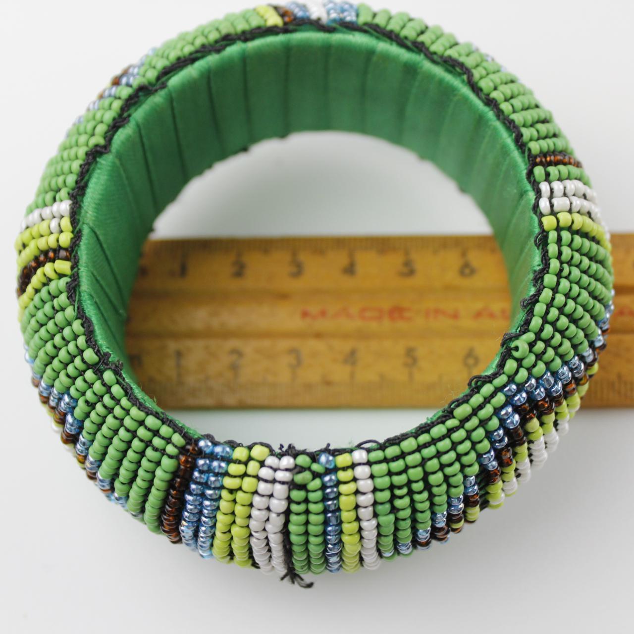 Tribal Inspired Seed Bead Bangle - Green, White, Blue, Yello