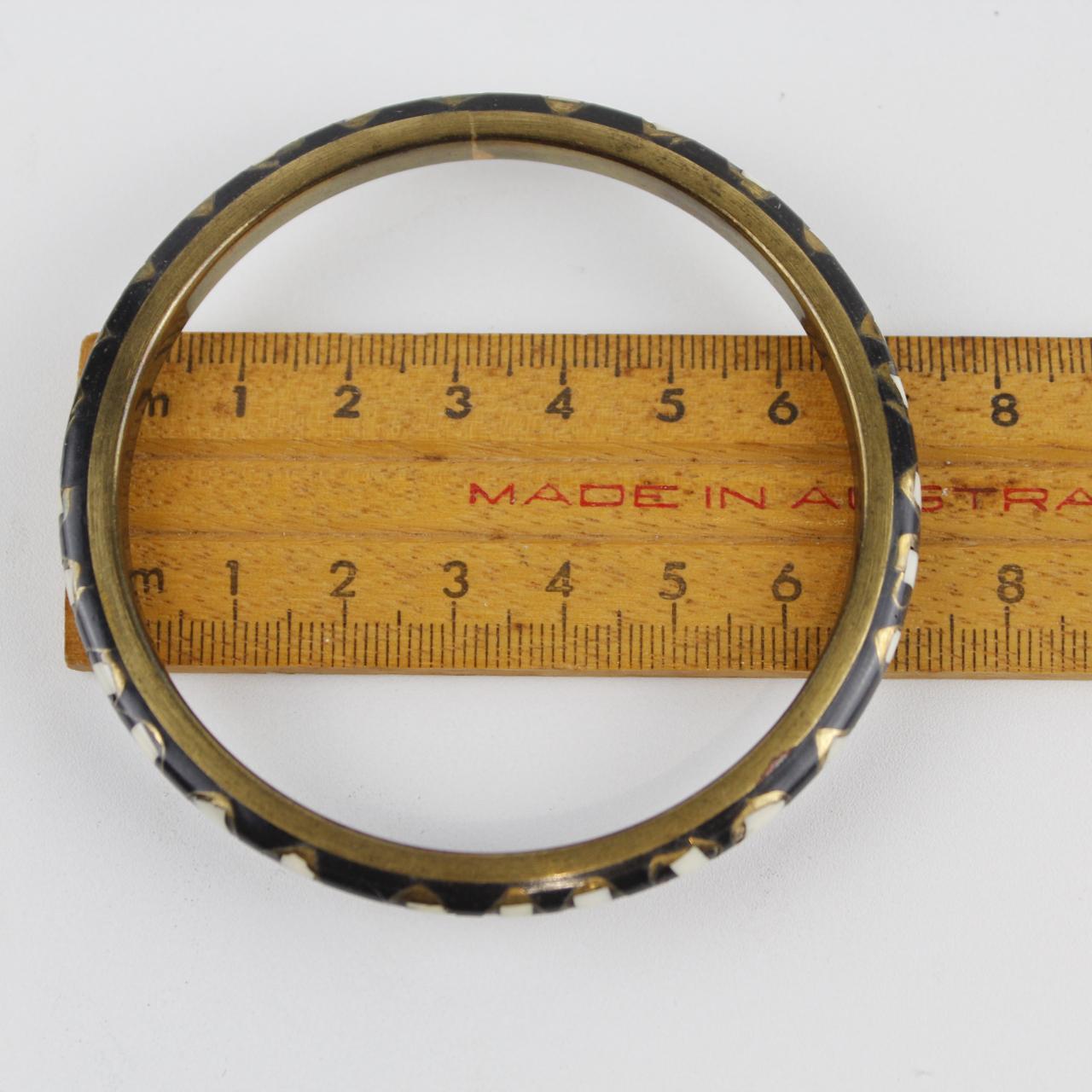Brass Bangle Bracelet with White Dot Inlay - Unique Design -