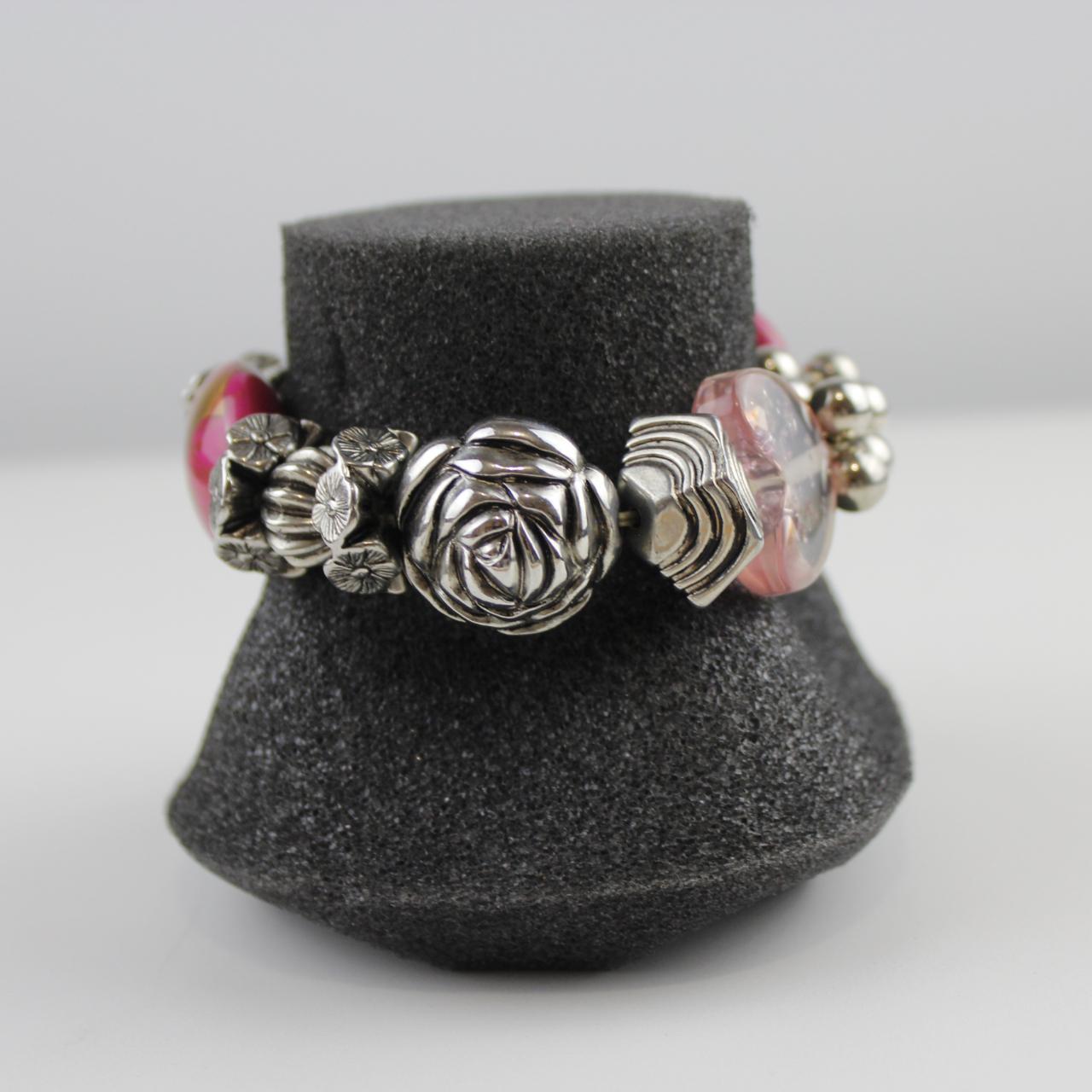 Eclectic Bead Stretch Bracelet - Pink & Clear Stones - Silve