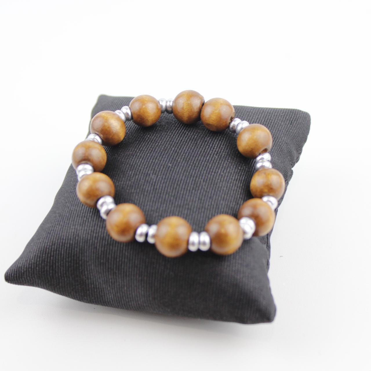 Stretch Wooden Bead Bracelet Brown Silver Spacer Jewelry Fas