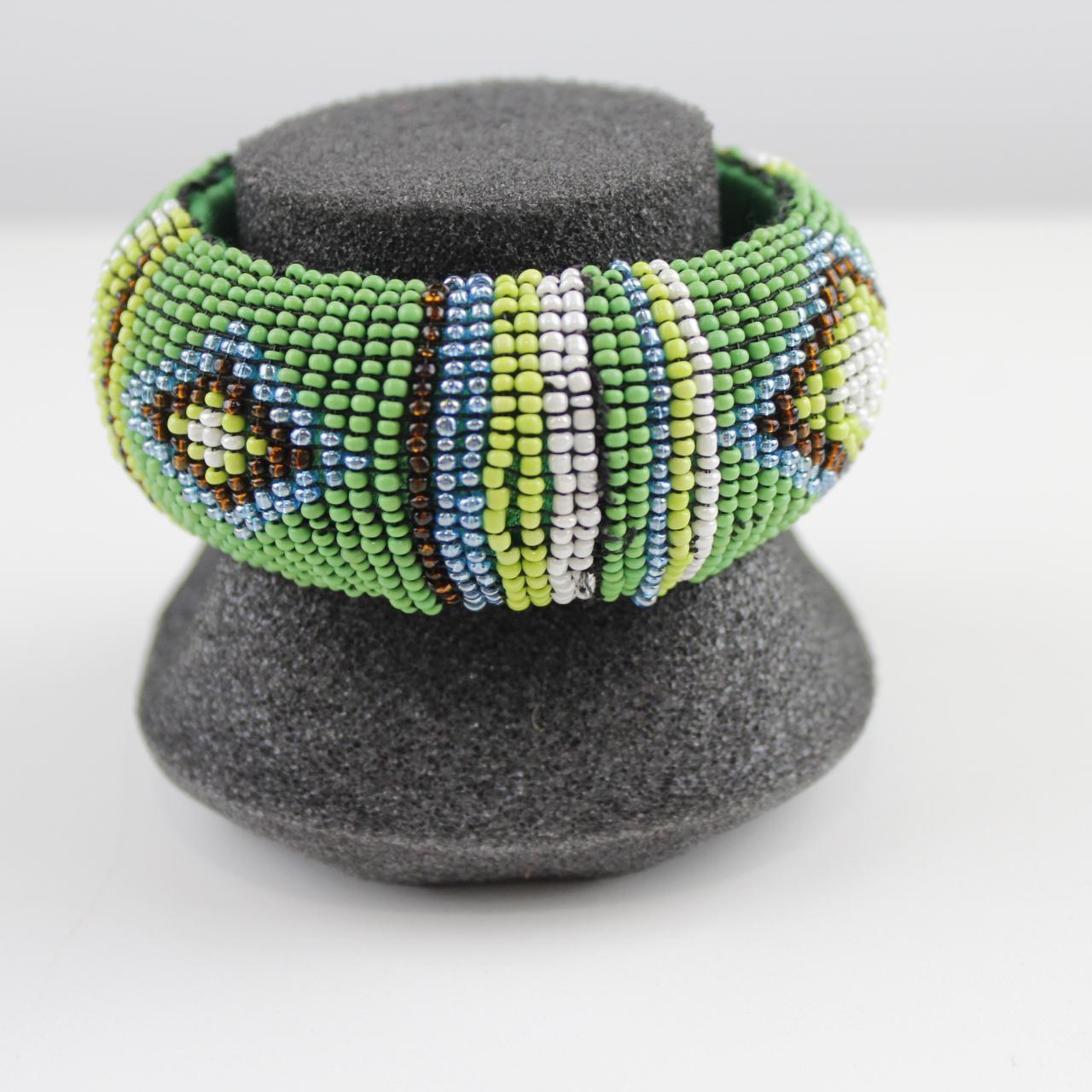 Tribal Inspired Seed Bead Bangle - Green, White, Blue, Yello
