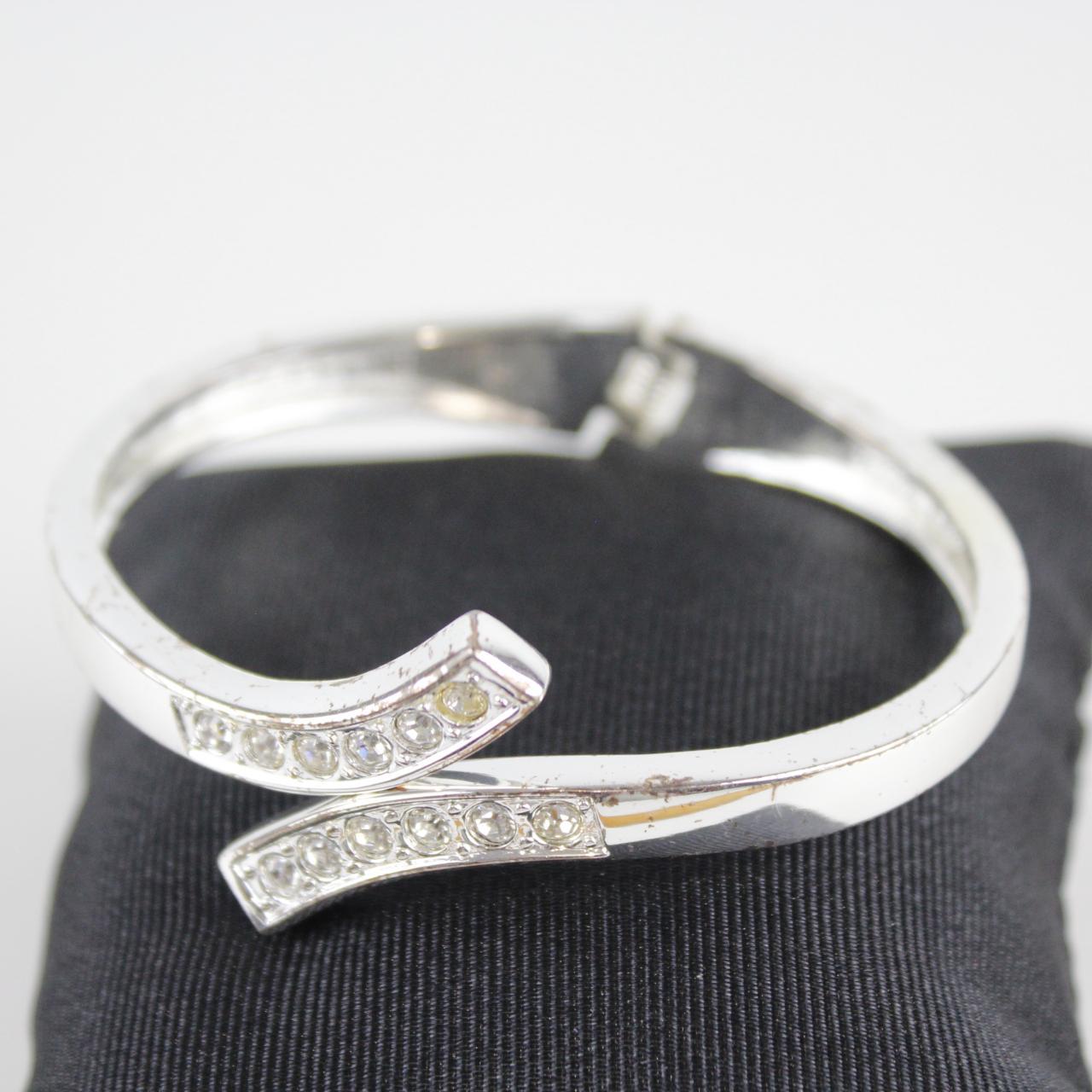 Silver Tone Cuff Bracelet with Rhinestones - Open Work Desig
