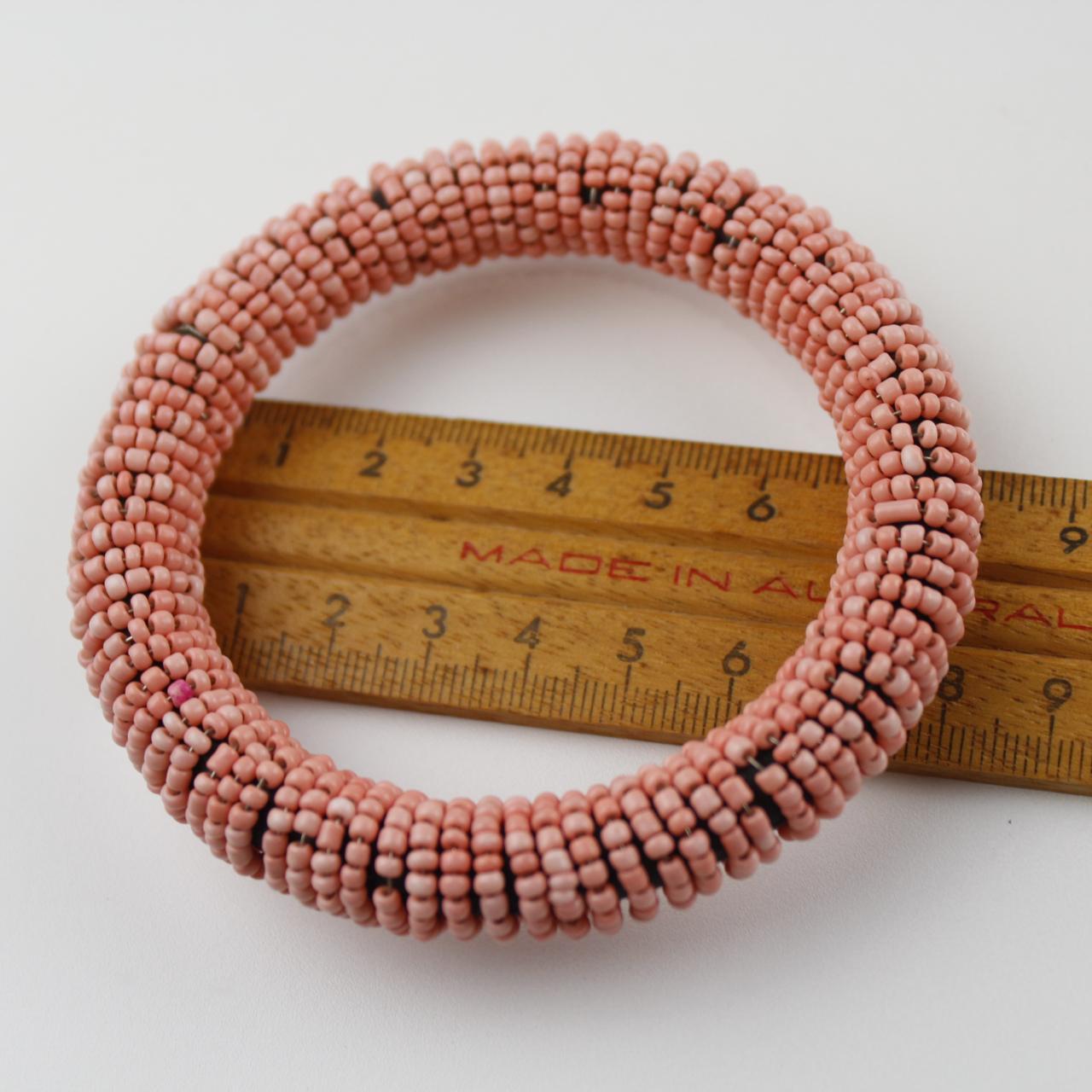 Pink Beaded Bangle Bracelet Artisan Woven Jewelry Statement