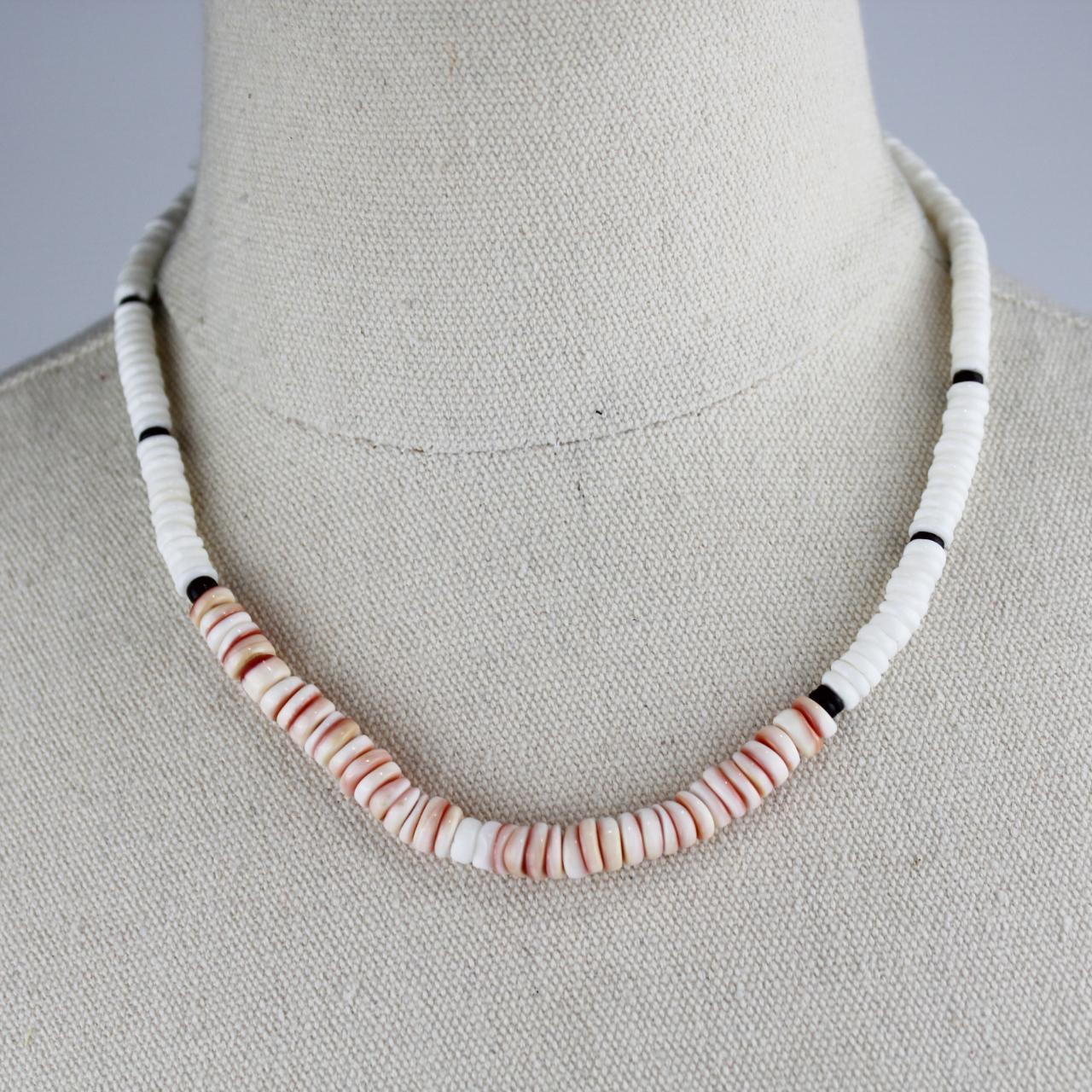 Handmade Shell Bead Necklace White Pink Black Boho Jewelry