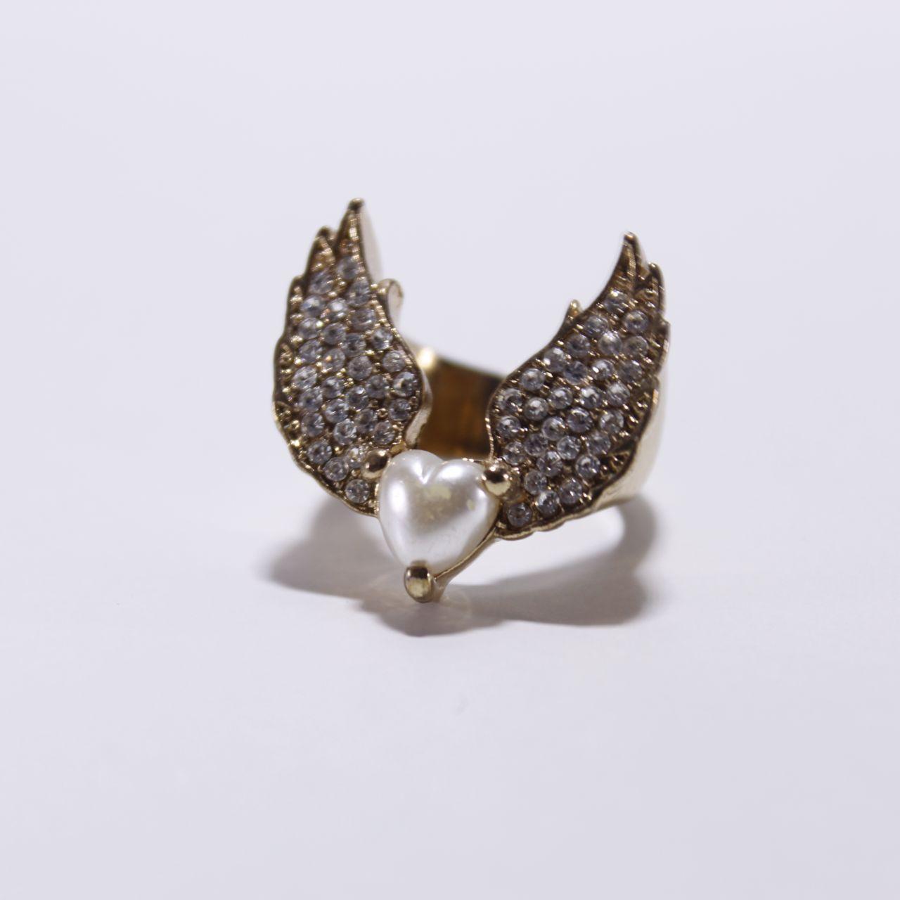 Gold Tone Angel Wing Ring Pave Rhinestone Faux Pearl
