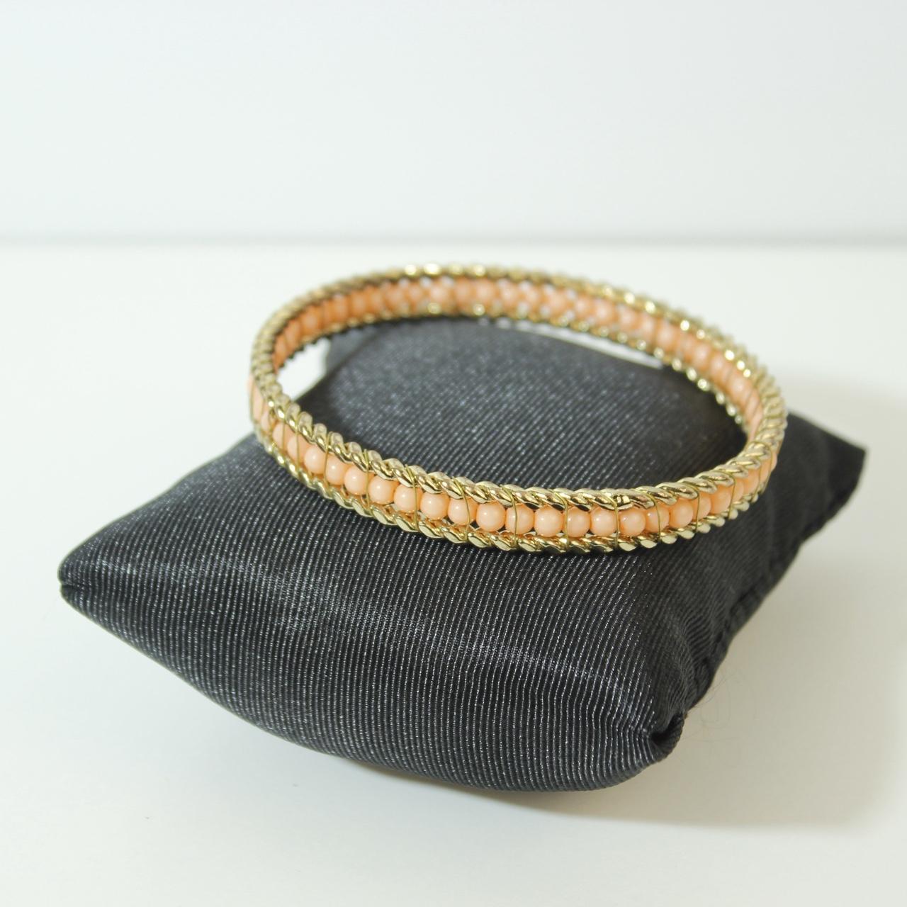 Gold Tone Triple Row Bangle Bracelet Beaded Center Rope Edge Detail