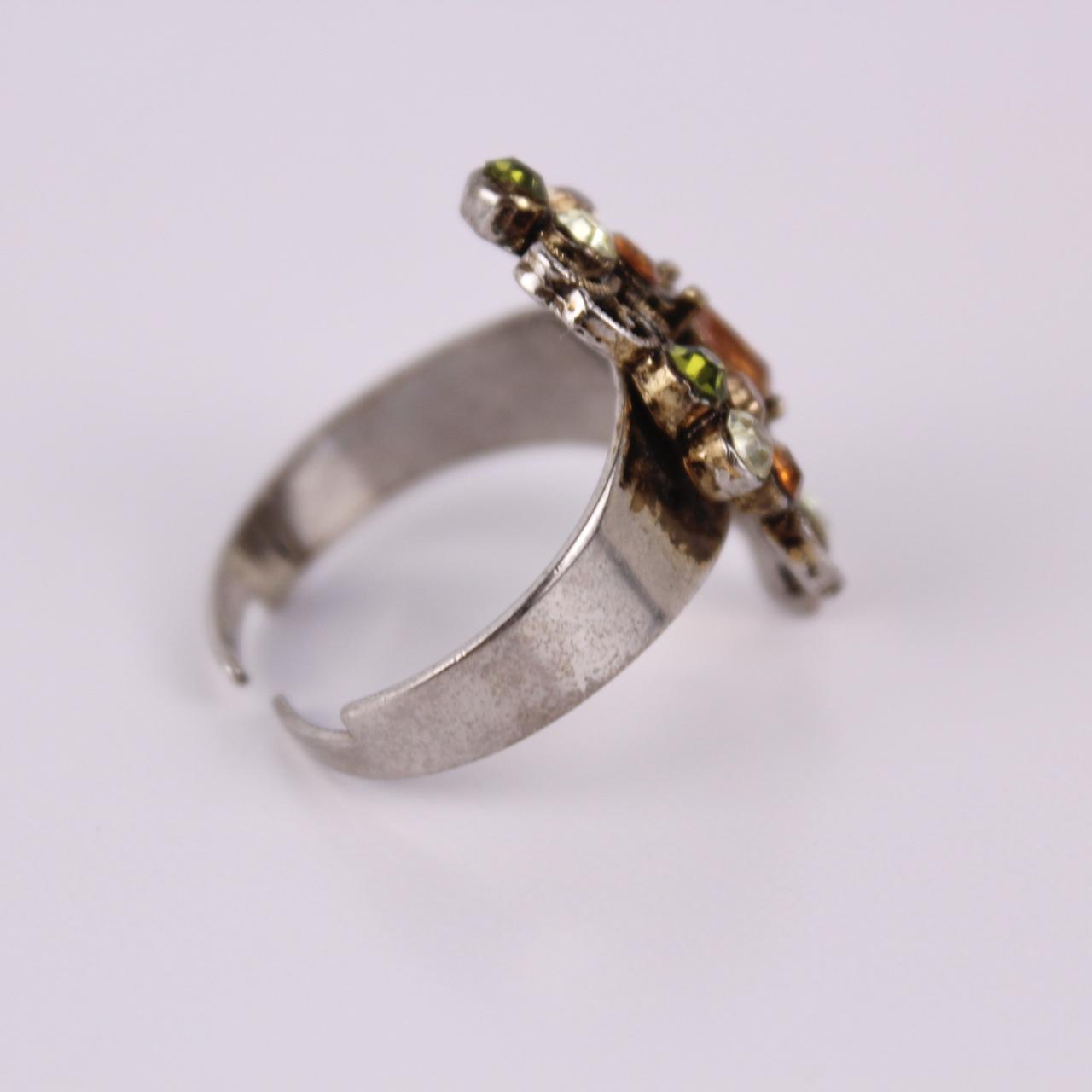 Silver Tone Filigree Cocktail Ring Amber Green Stones Adjustable Statement Jewel