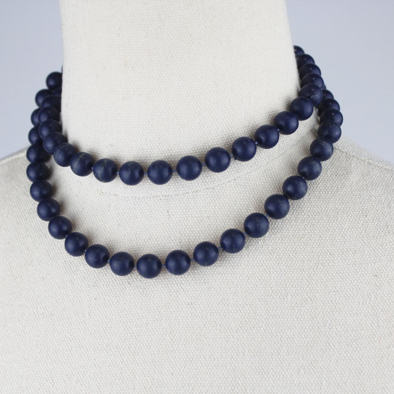 Long Beaded Necklace Dark Blue Round Beads Single Strand Cla