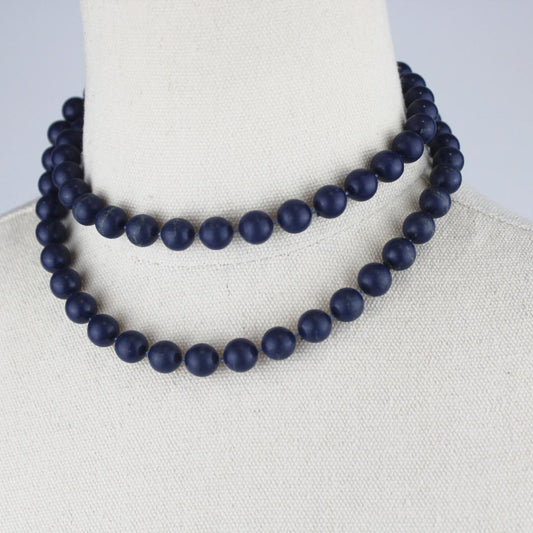 Long Beaded Necklace Dark Blue Round Beads Single Strand Cla