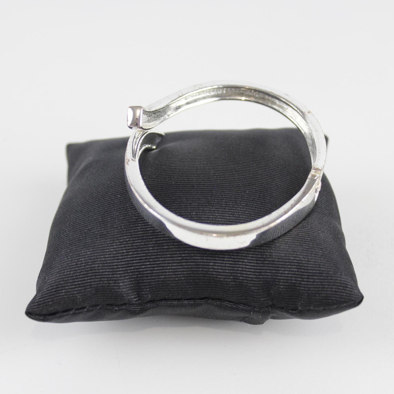 Silver Tone Cuff Bracelet with Rhinestones - Open Work Desig