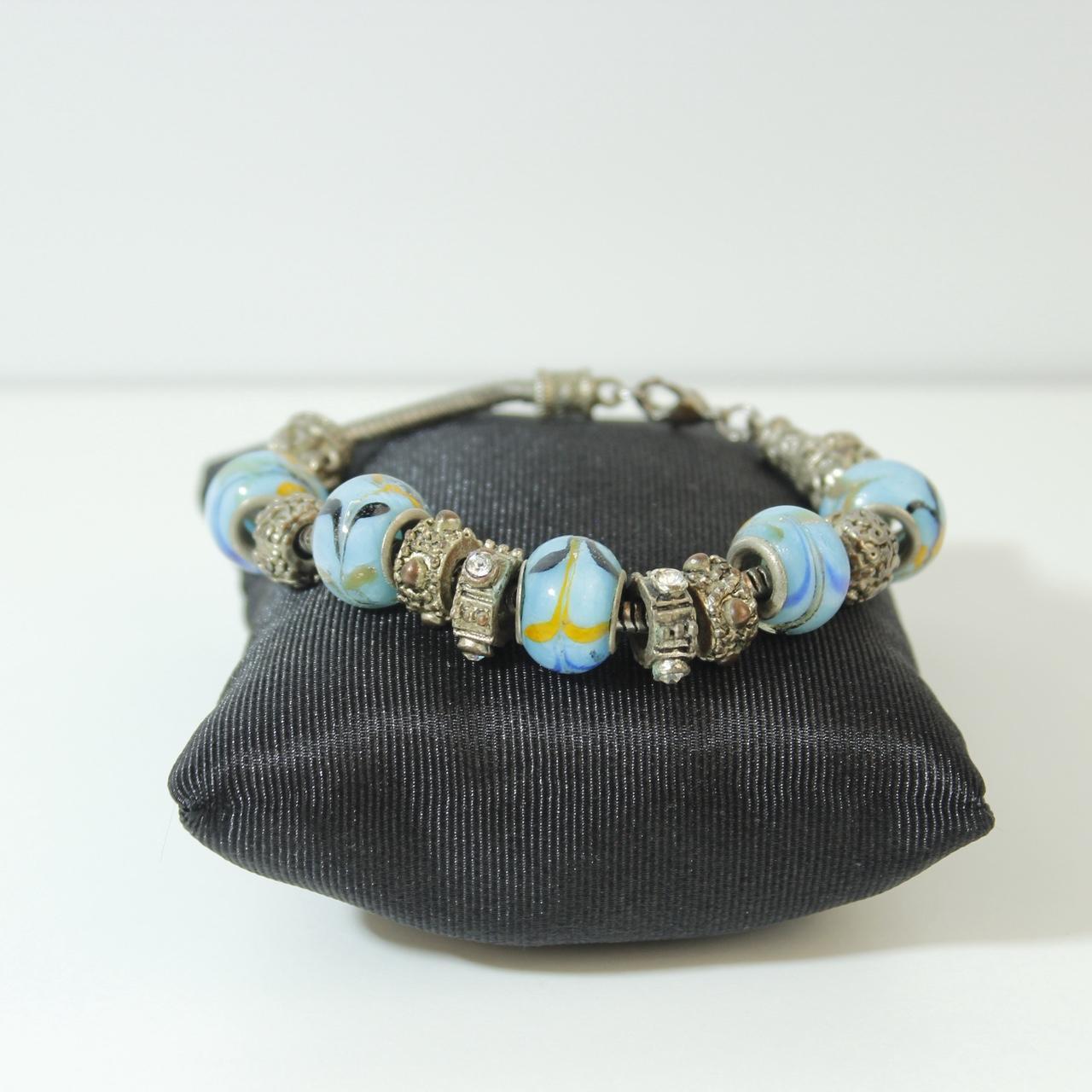 Light Blue Floral Glass Bead Charm Bracelet Silver Tone Clear Rhinestone Spacers
