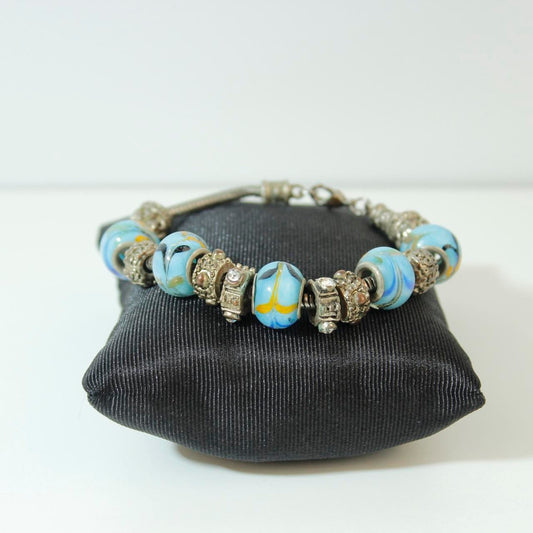 Light Blue Floral Glass Bead Charm Bracelet Silver Tone Clear Rhinestone Spacers