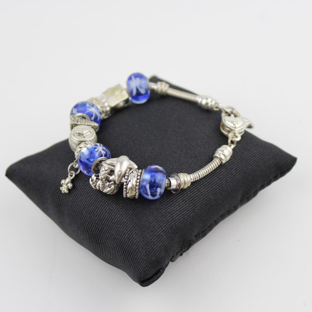 Silver Tone Charm Bracelet Blue Glass Beads Snowflake Clover