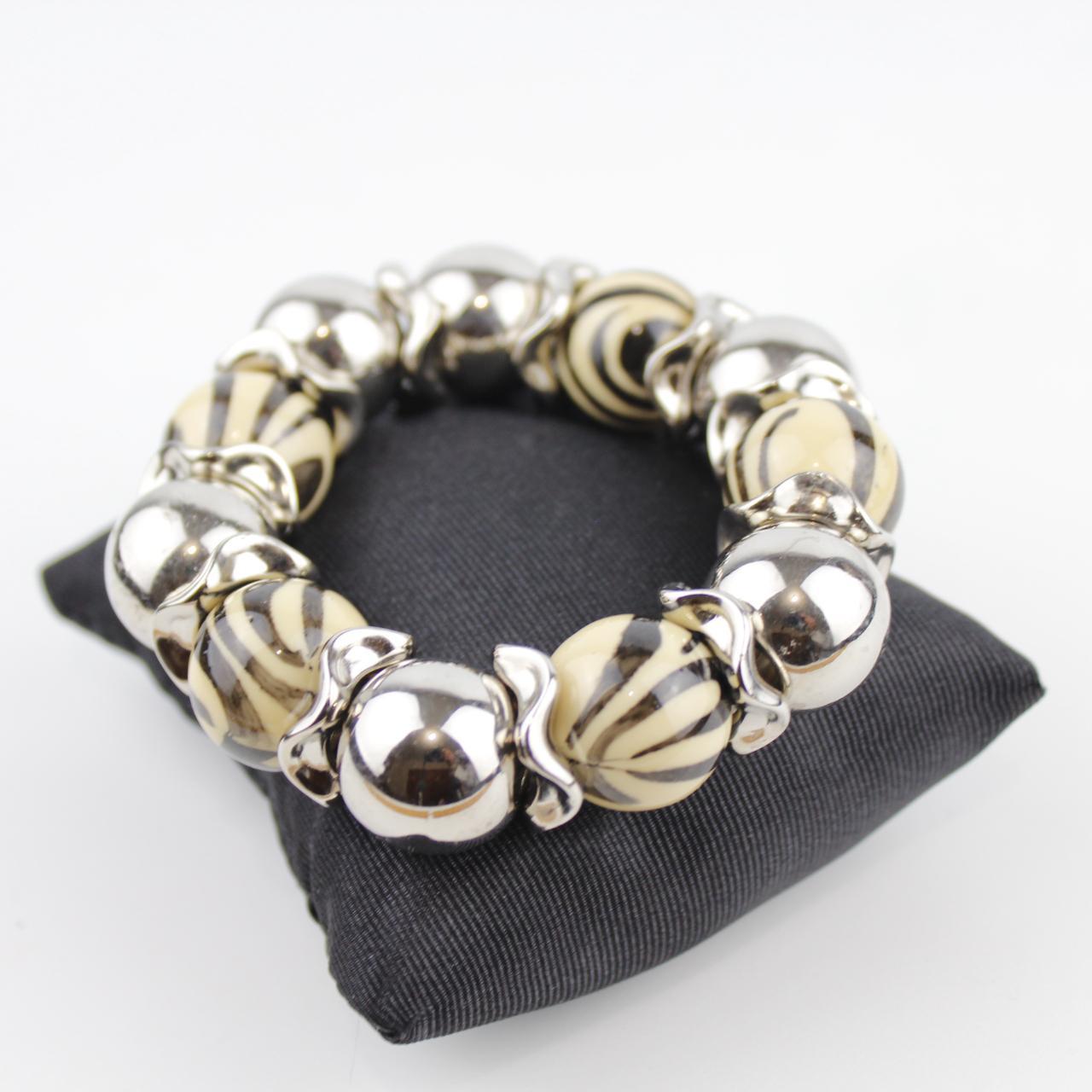 Stylish Silver and Striped Beaded Bracelet with Black and Be