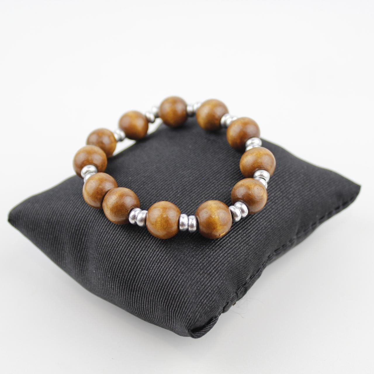 Stretch Wooden Bead Bracelet Brown Silver Spacer Jewelry Fas