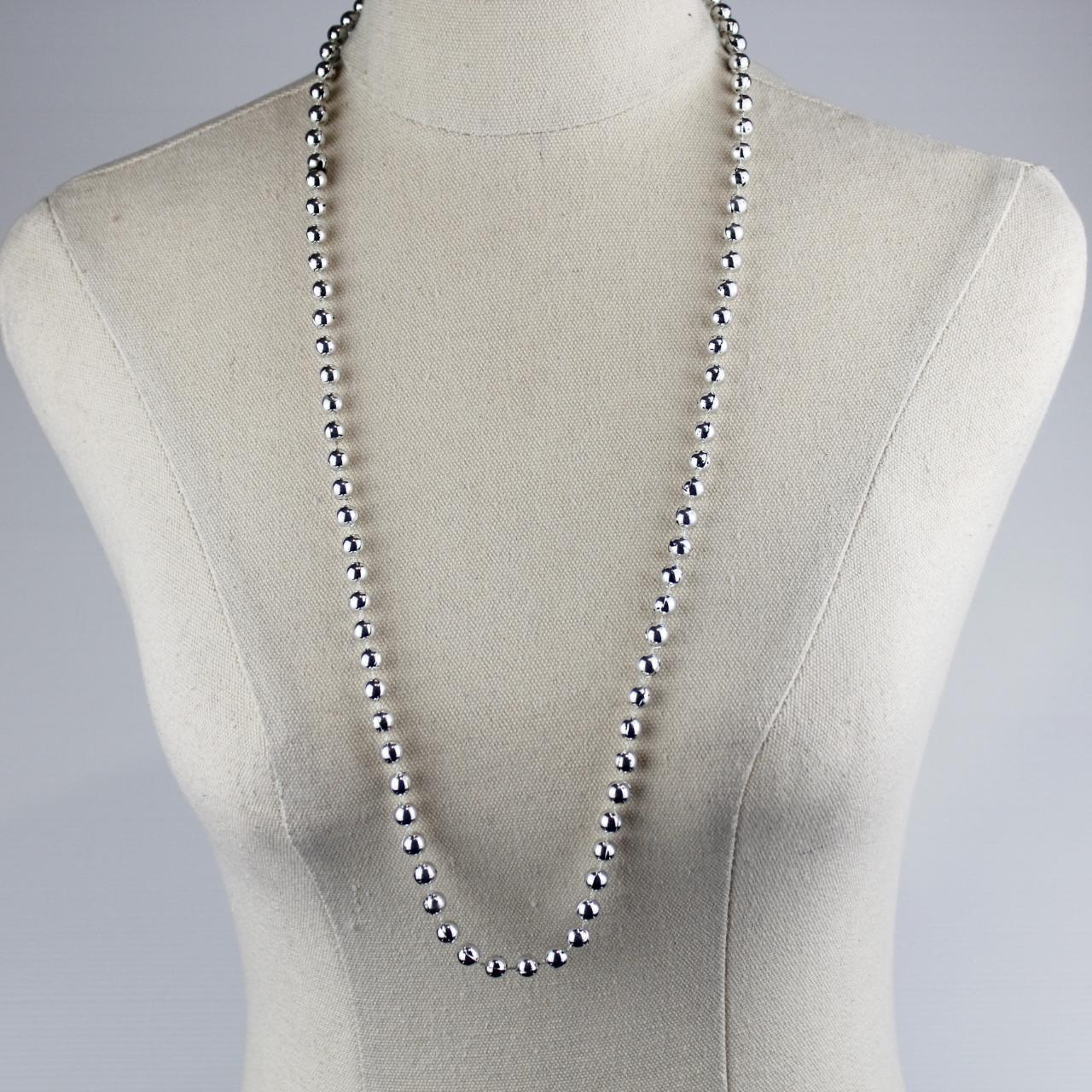 Beaded Necklace Silver Tone Small Round Beads Glossy Modern
