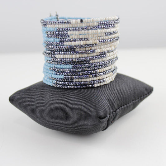 Wide Beaded Cuff Bracelet Blue White Silver Coil Memory Wire