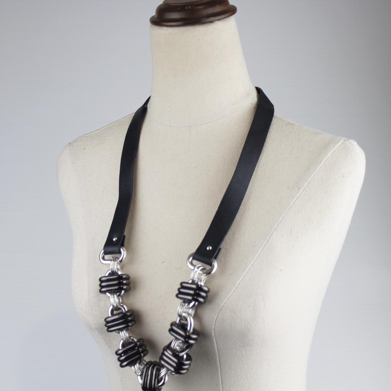 Decjuba Statement Necklace Black Leather Silver Black Cylind