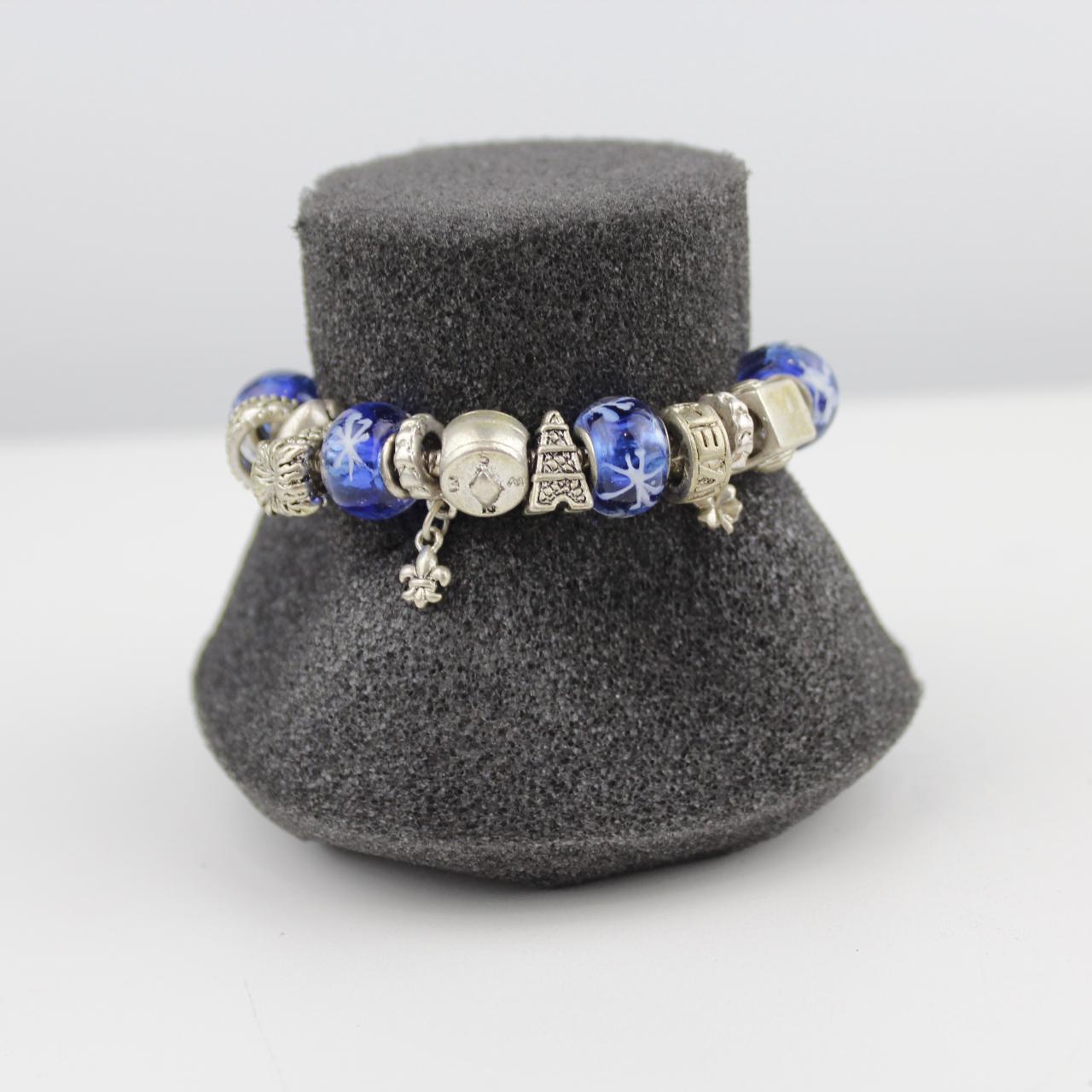 Silver Tone Charm Bracelet Blue Glass Beads Snowflake Clover