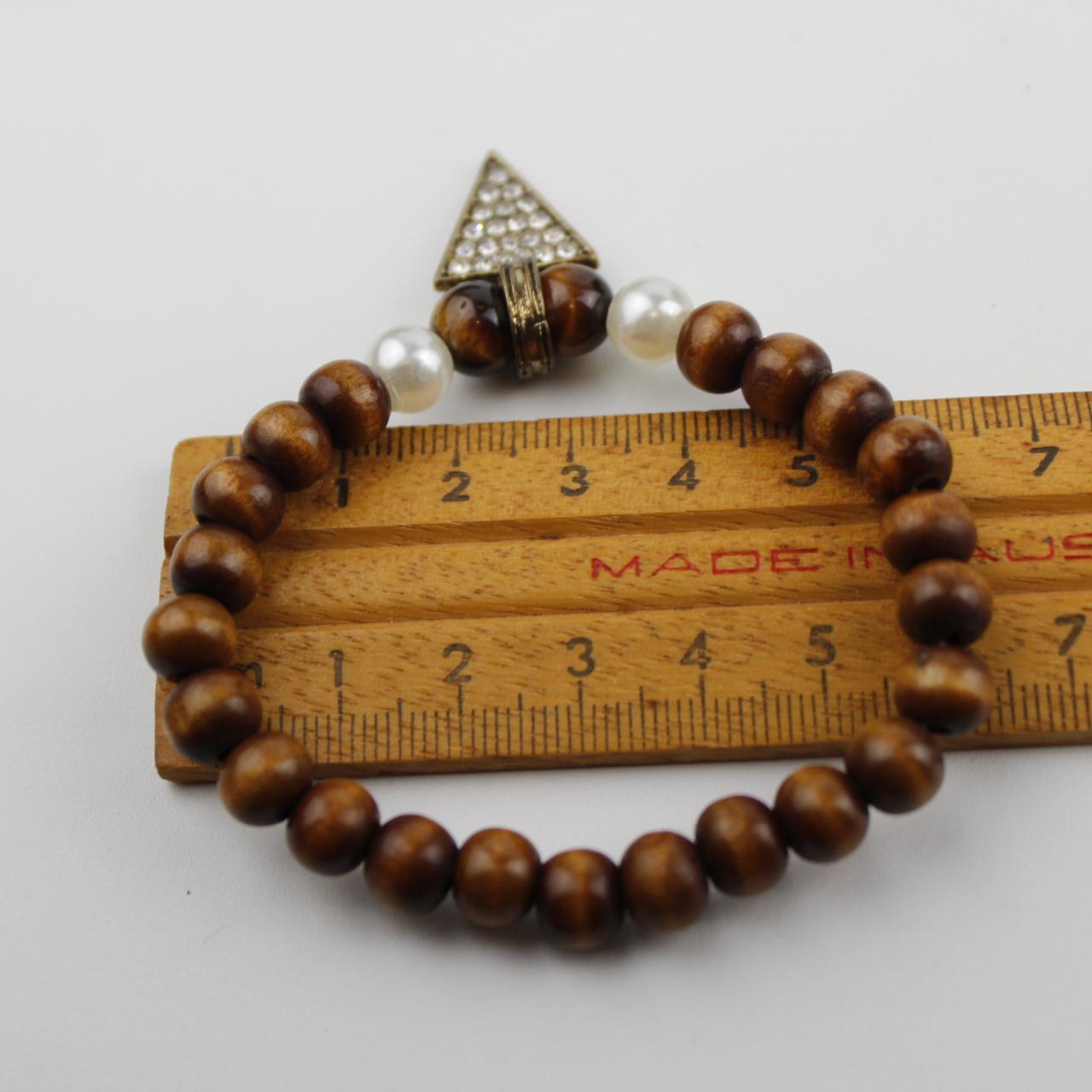 Wooden Bead Bracelet Pearl Rhinestone Triangle Pendant Jewel