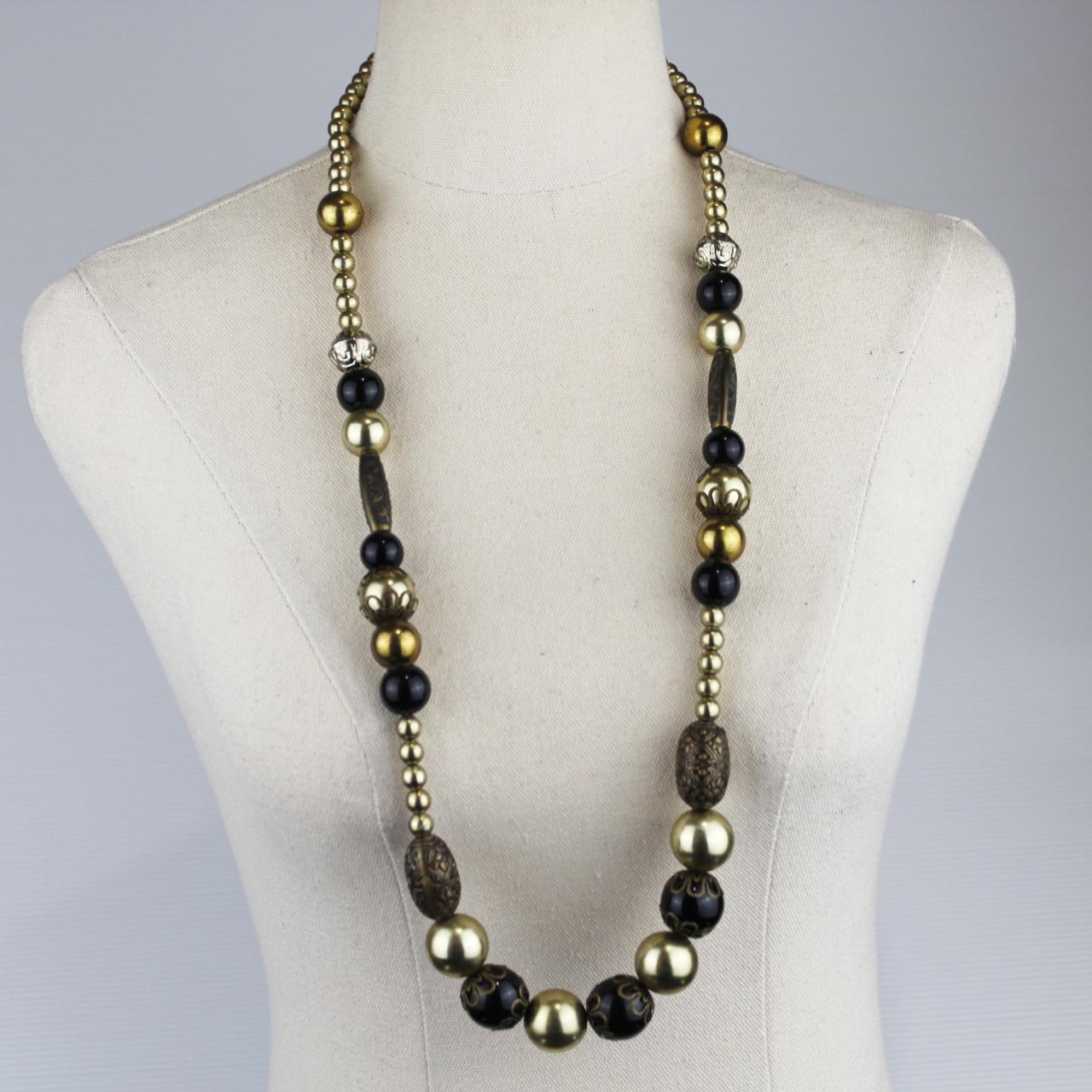 Long Beaded Necklace Black Gold Metallic Beads Statement Jew