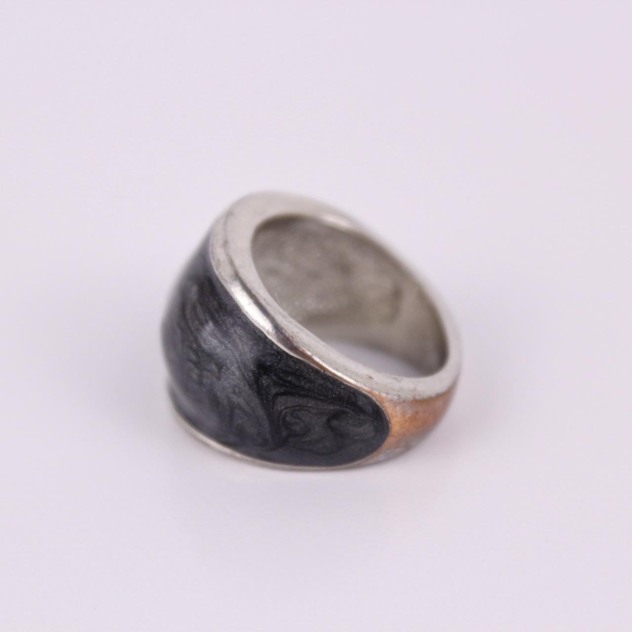 Silver Tone Black Enamel Dome Ring Marbled Swirl Statement Chunky Bold Jewellery