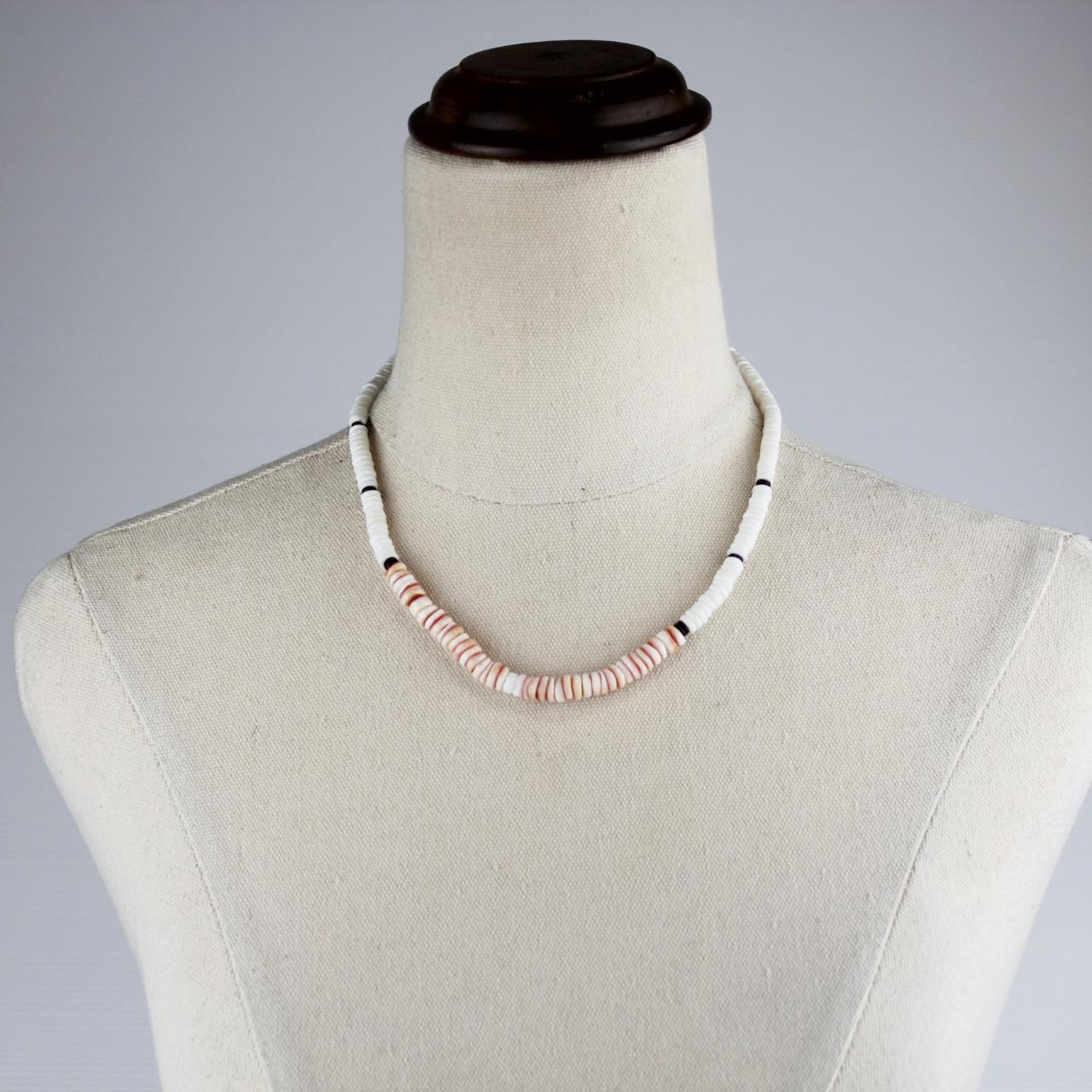 Handmade Shell Bead Necklace White Pink Black Boho Jewelry