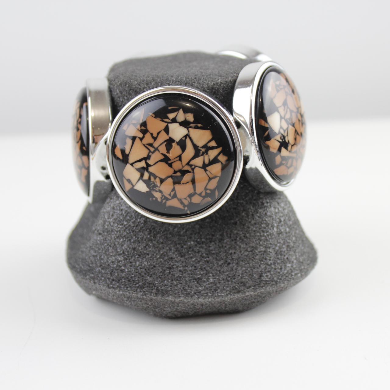 Bold Cabochon Bracelet Mosaic Inlay Silver Tone Detail  Good