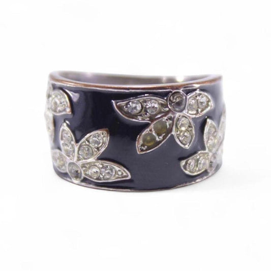 Wide Black Enamel Ring Silver Tone Rhinestone Floral Leaf