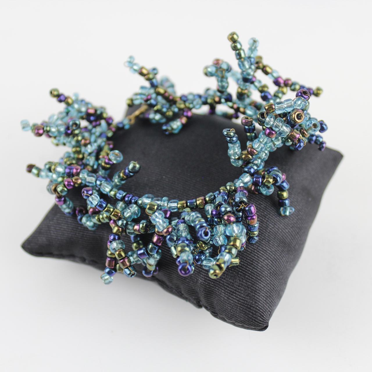 Beaded Cluster Bracelet - Blue, Green, Purple - Unique Desig