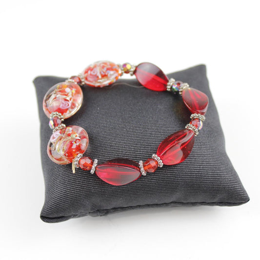 Elegant Red Teardrop Lampwork Glass Stretch Bracelet with Si