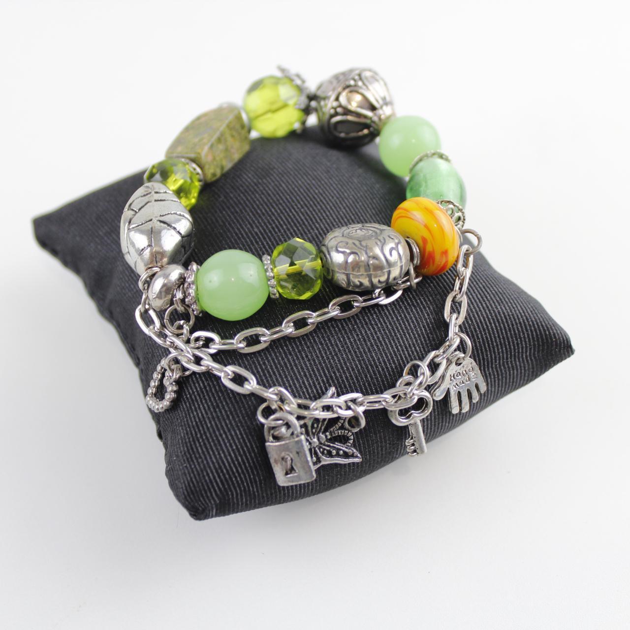 Vintage Boho Multi-Strand Charm Bracelet Green Yellow Beaded