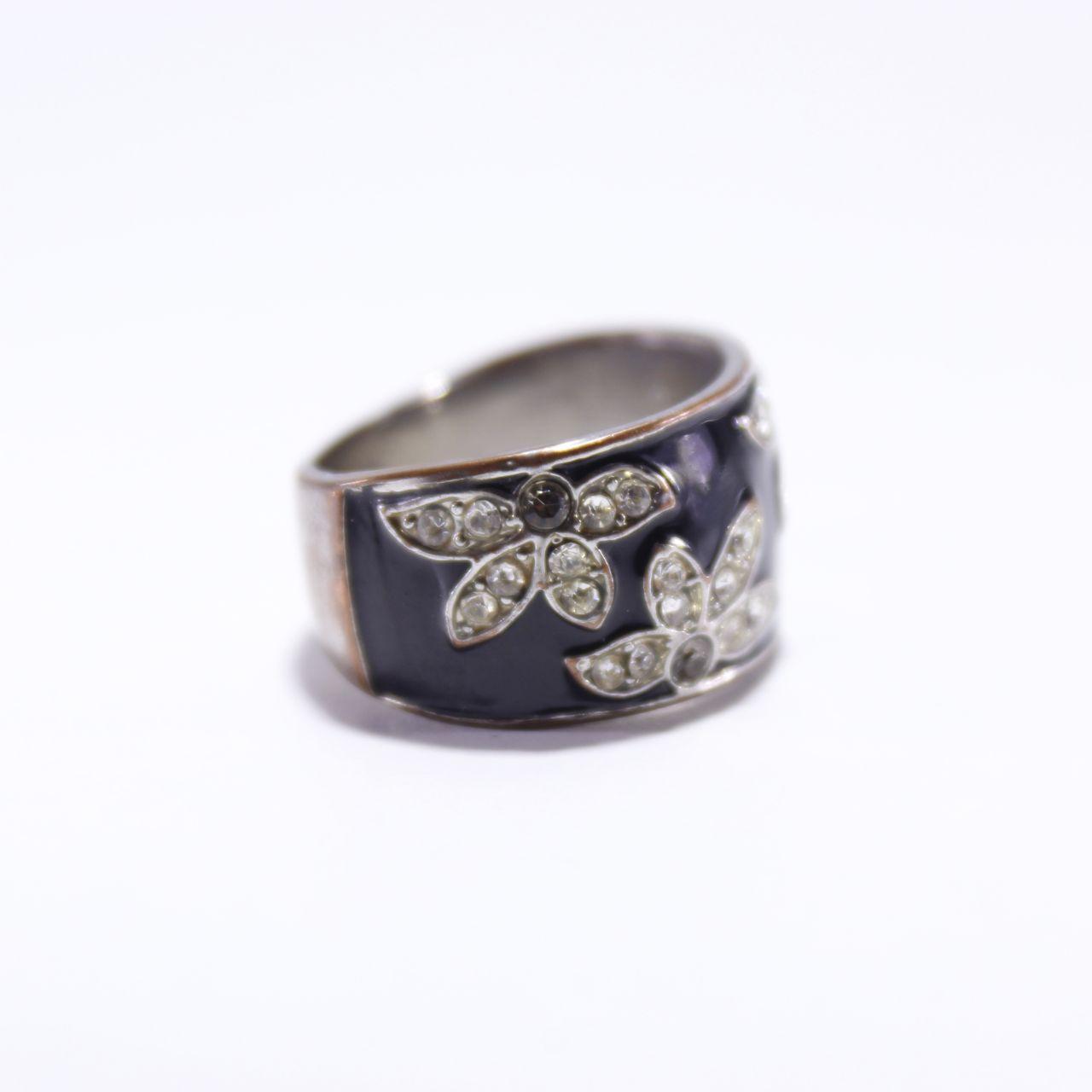 Wide Black Enamel Ring Silver Tone Rhinestone Floral Leaf